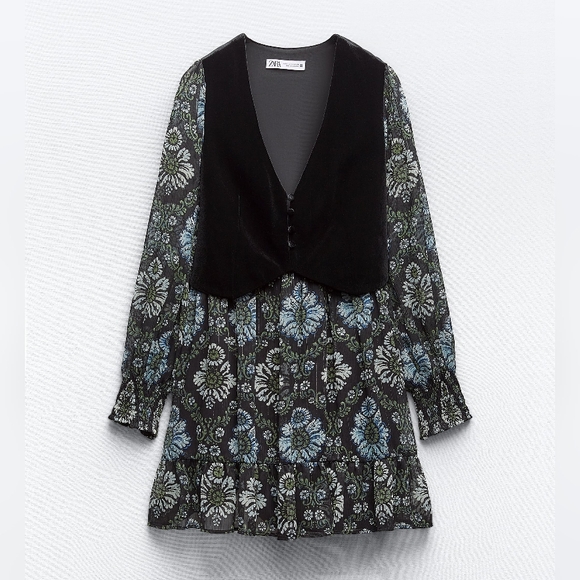 Zara printed mini dress with velvet vest - Picture 9 of 13